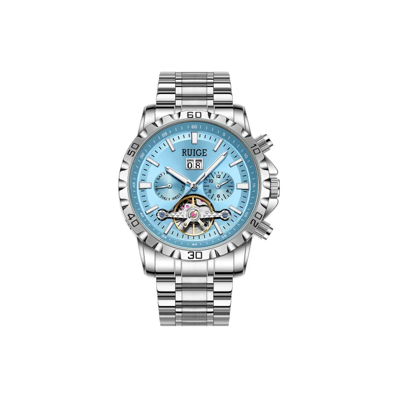 RUIGE Mechanical Movement Stainless Steel Watchband Men's Watches Blue Dial-0