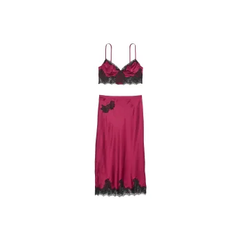 Victoria's Secret Satin Rose Lace Trim Bralette & MidiSkirtSet/CR Pajama Set Women's Gin Balin Red
