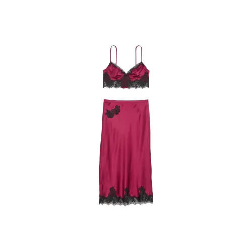 Victoria's Secret Satin Rose Lace Trim Bralette & MidiSkirtSet/CR Pajama Set Women's Gin Balin Red