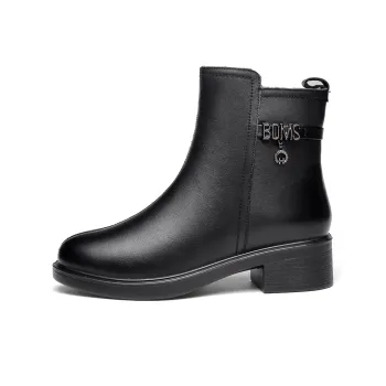 Strongman 3515 Women's Boots Winter Warm Wool Boots Cotton Lint Chunky Heel Cow Leather Ankle Boots