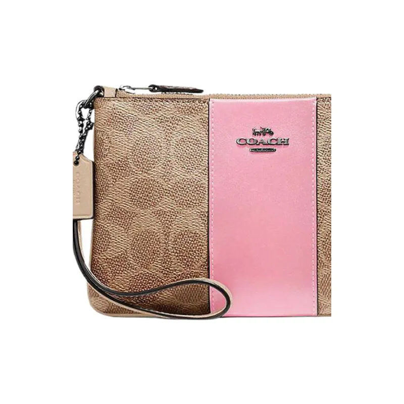 COACH Cow Leather Mahjong Box Clutch Wrist Bag Small Size Women's Khaki & Pink-2
