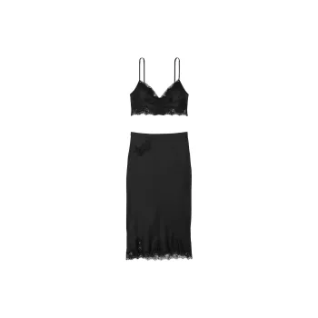 Victoria's Secret Satin Rose Lace Trim Bralette & Midi Skirt Set/B Pajama Set Women's Black