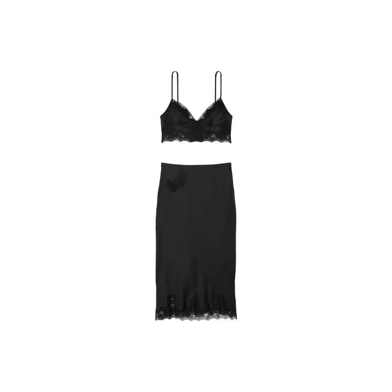 Victoria's Secret Satin Rose Lace Trim Bralette & Midi Skirt Set/B Pajama Set Women's Black-0