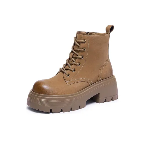 CAMEL Short Mid-Calf Martin Boot 7cm Women's Khaki