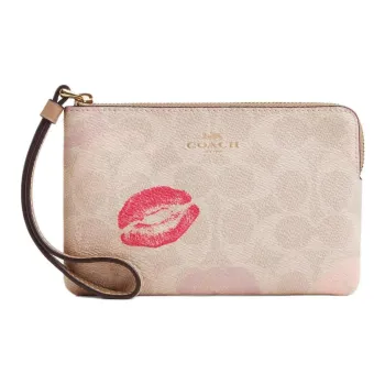 COACH Corner Zip Coated Canvas Wrist Bag Clutch Trumpets Women's Sand Multicolor