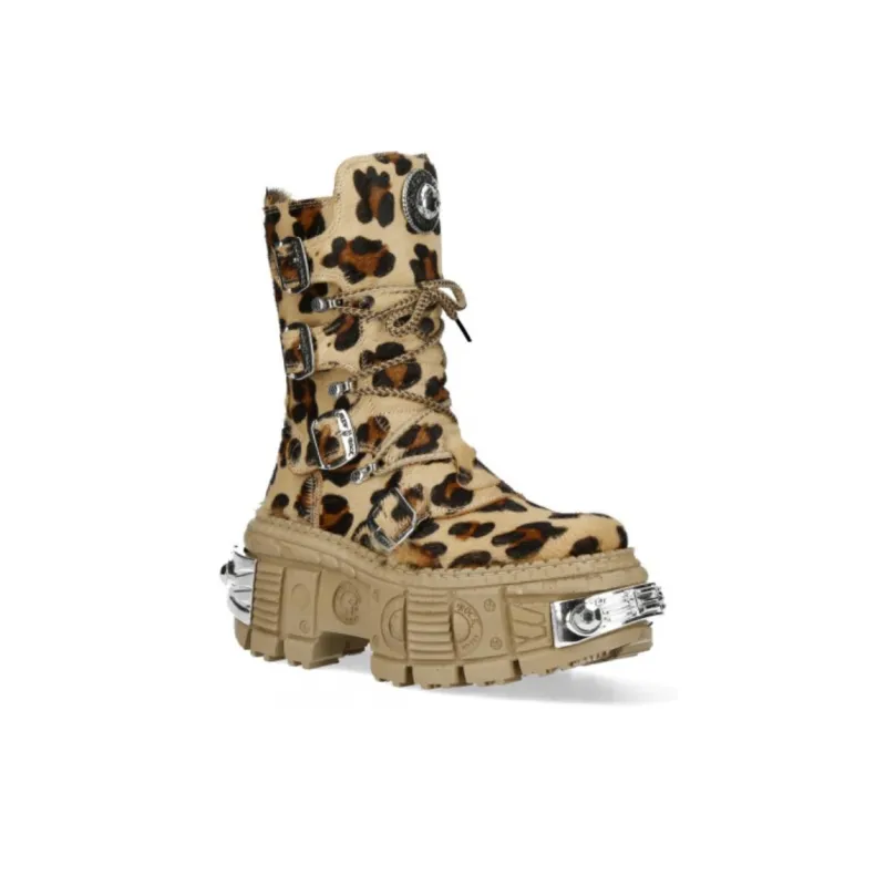 NEW ROCK Ankle Boots Unisex Brown Leopard Print-3