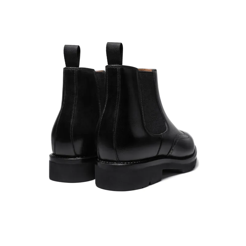 THOM WILLS British Style Brogue Embroidered Leather Boots Short Chelsea Boots Men's Black-3
