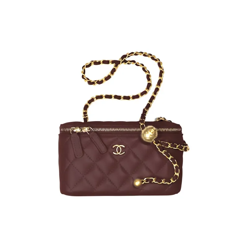 CHANEL Little Golden Ball Sheepskin Box Bag, Clutch, Shoulder Bag, Crossbody Bag Women's Burgundy-0