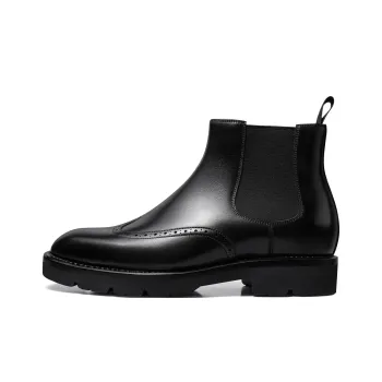 THOM WILLS British Style Brogue Embroidered Leather Boots Short Chelsea Boots Men's Black