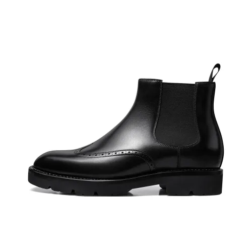 THOM WILLS British Style Brogue Embroidered Leather Boots Short Chelsea Boots Men's Black