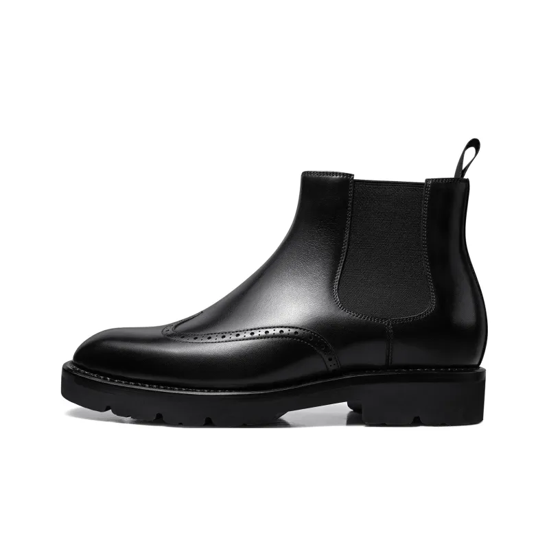 THOM WILLS British Style Brogue Embroidered Leather Boots Short Chelsea Boots Men's Black-0