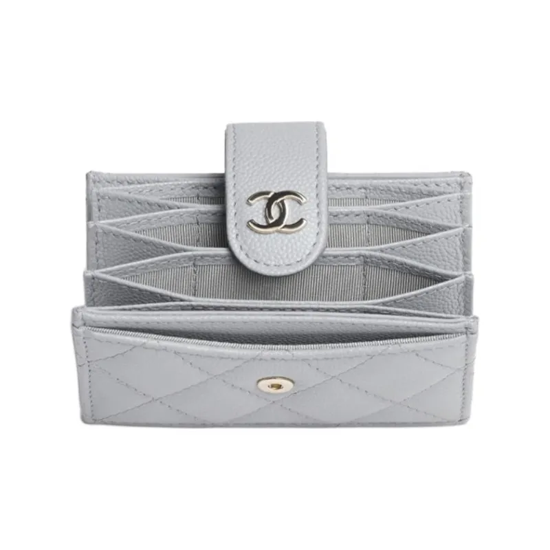 CHANEL Litchi Grain Calfskin Card Holder Women's Gray-2