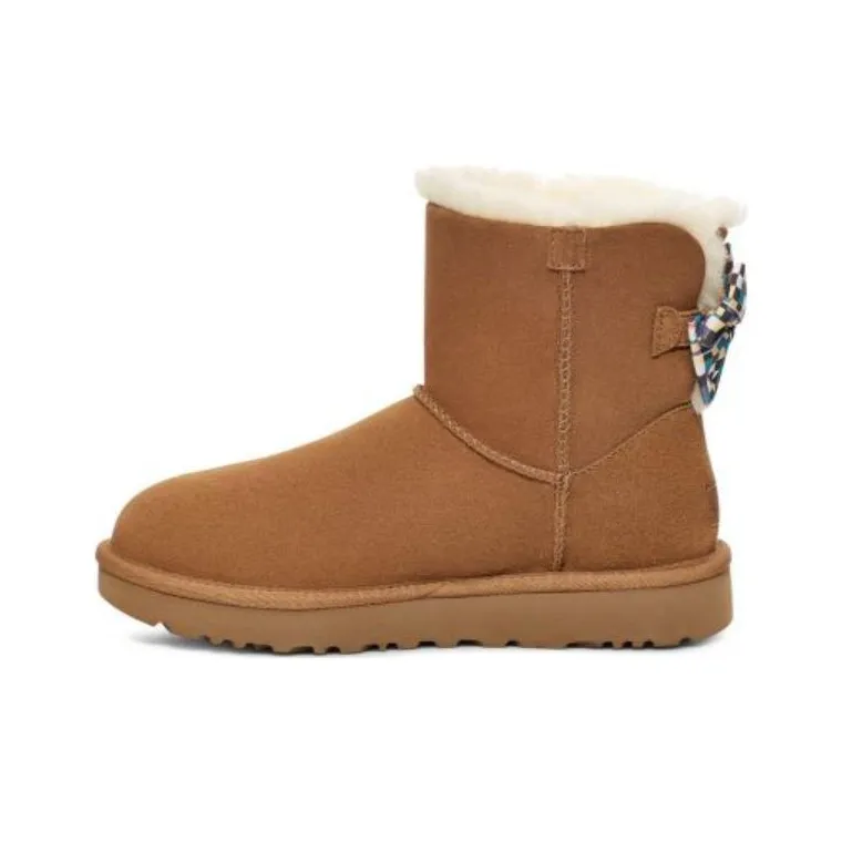 UGG Checkered Bow Short Snow Boots 'Brown' Women's-0