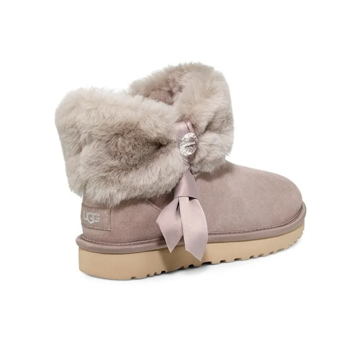 UGG Cinched Fur Mini Snow Boots Grey Women's-3