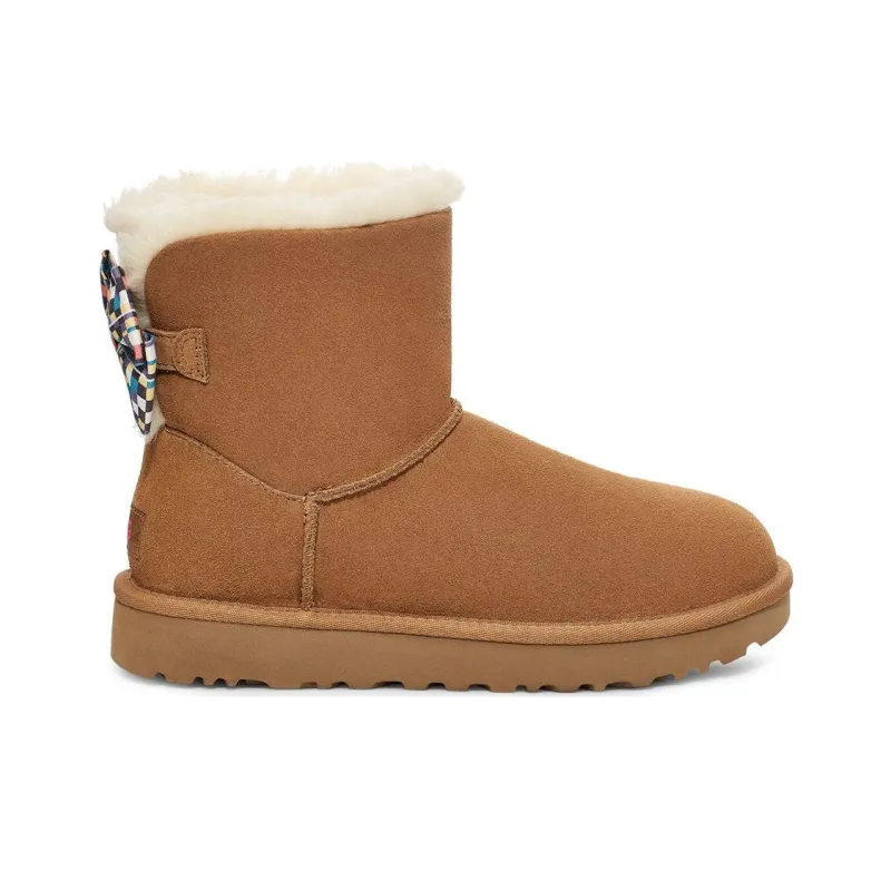 UGG Checkered Bow Short Snow Boots 'Brown' Women's-1