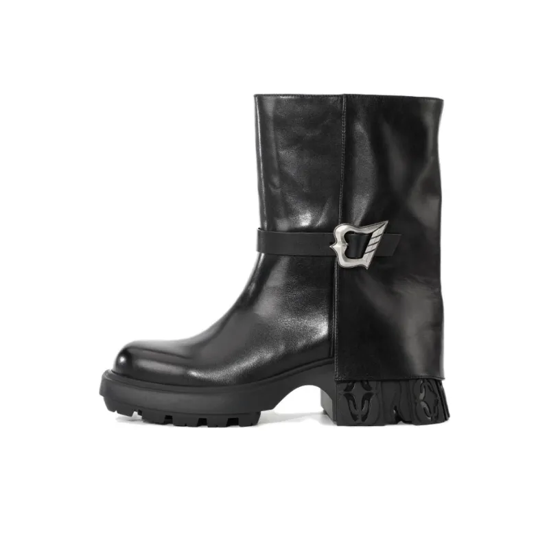 DIBO MANNER Astral Series Silver Buckle Energy Square Round Tip Ankle Boots-0