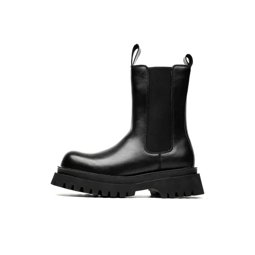 WEISHIBANGWEI Crew Chelsea Boots Medium Heel Men's Black