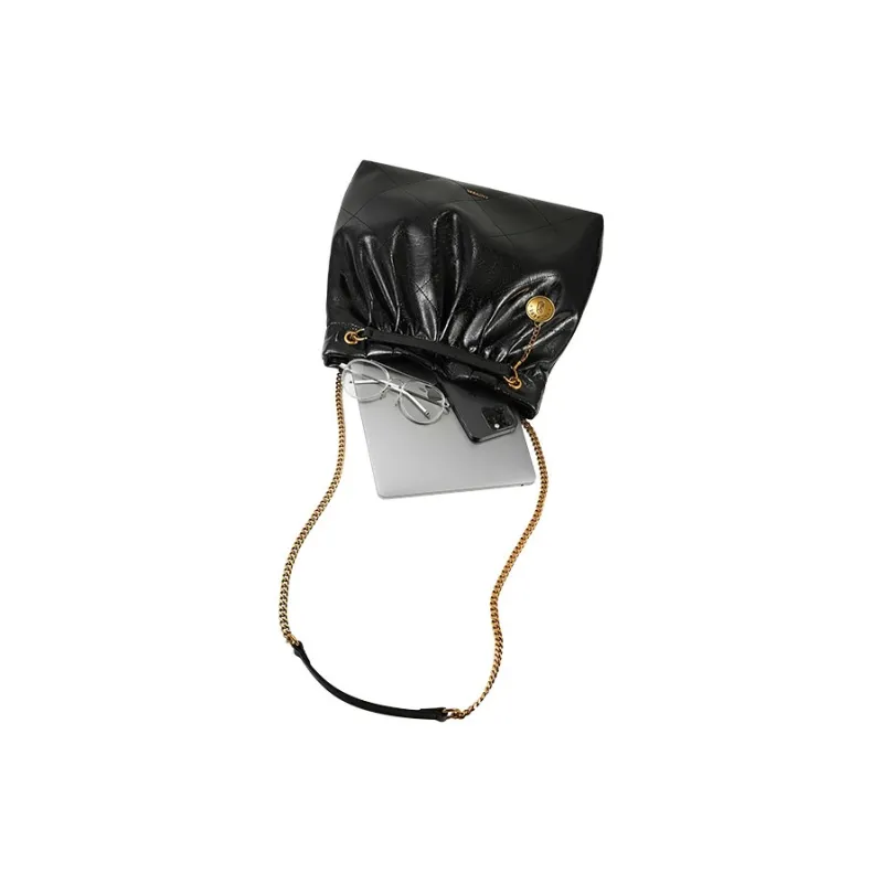 ANDFEEL Cow Leather Chain Tote Trash Bag, Shoulder Bag Tubas Women's Black-1