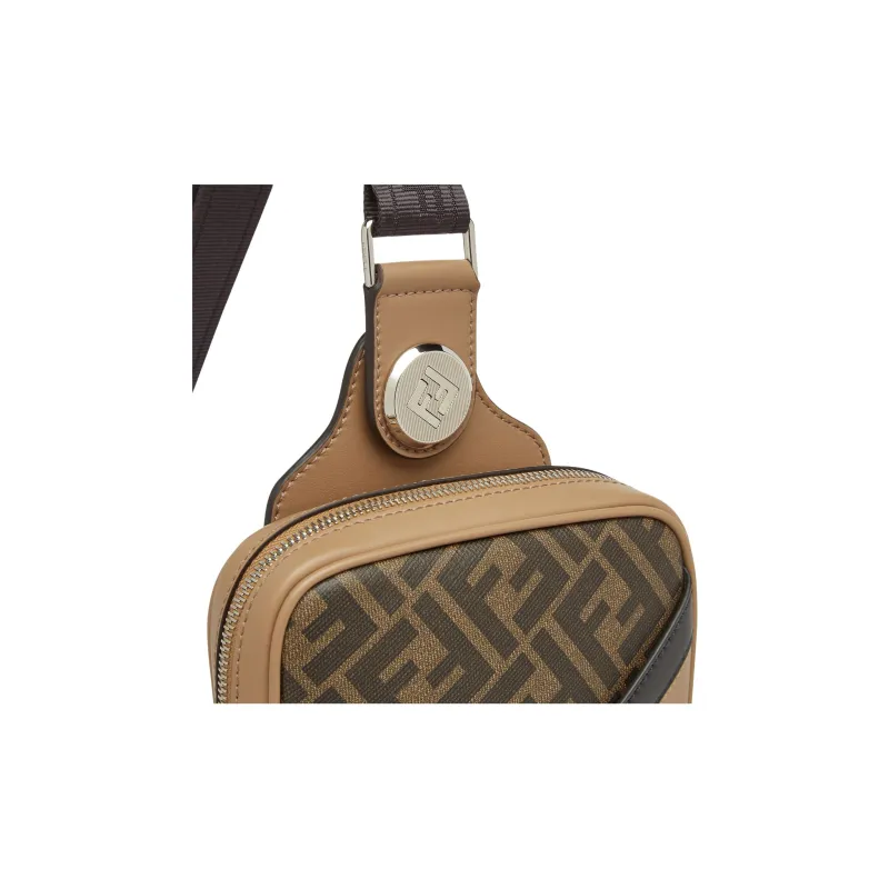 FENDI FF Leather Sling Bag Men's Brown-3