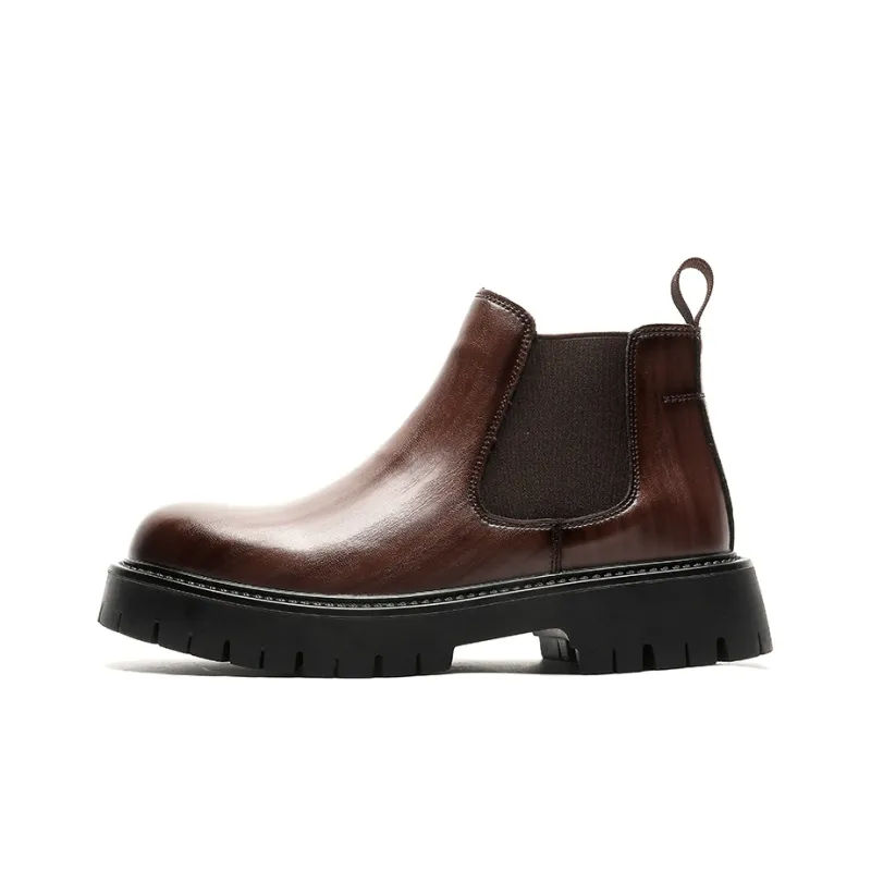 V05 Chelsea Boots Men's Ankle Boots Slip on Leather Boots Men's Platform Round Tip Western Big Toe Shoes-6