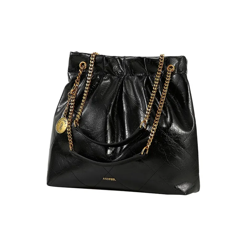 ANDFEEL Cow Leather Chain Tote Trash Bag, Shoulder Bag Tubas Women's Black-4