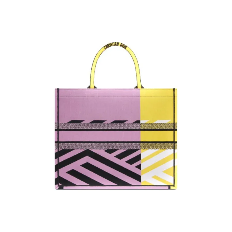 DIOR BookTote Embroidery Totes Handbag Shoulder Bag Large Size Women's Bright Yellow/Pink-3