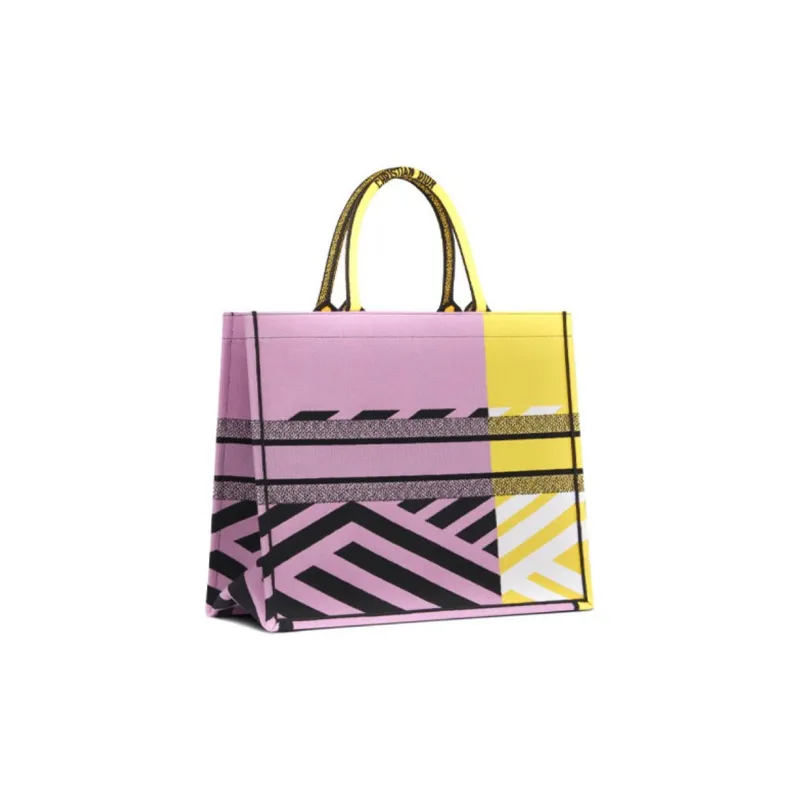 DIOR BookTote Embroidery Totes Handbag Shoulder Bag Large Size Women's Bright Yellow/Pink-2