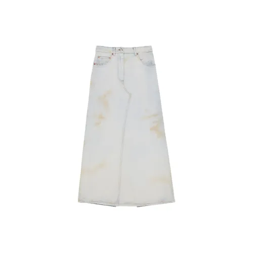 MM6 Maison Margiela Logo-Patch Distressed Denim Midi Skirt