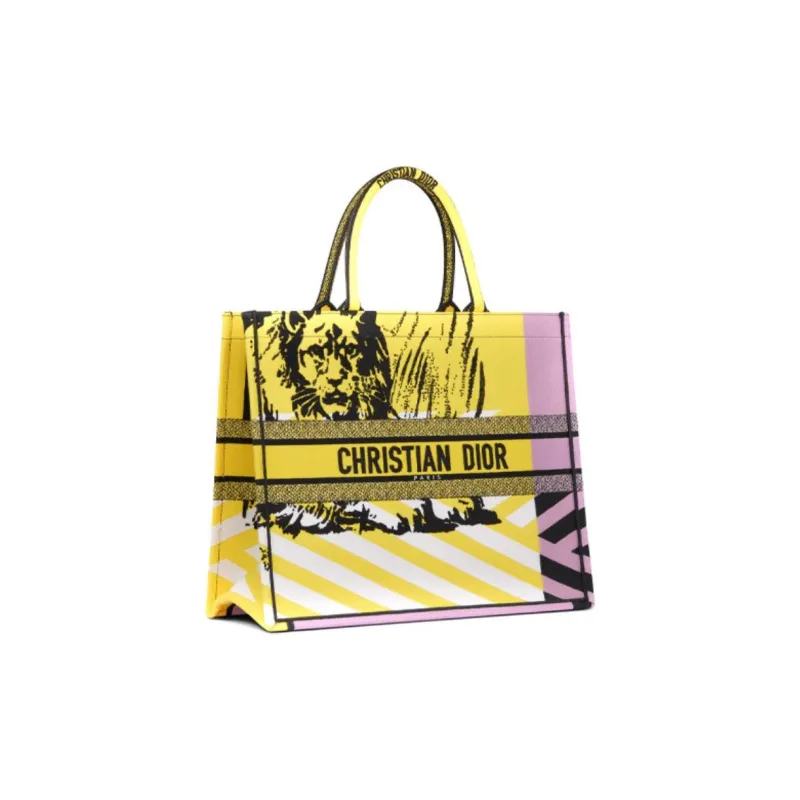 DIOR BookTote Embroidery Totes Handbag Shoulder Bag Large Size Women's Bright Yellow/Pink-1