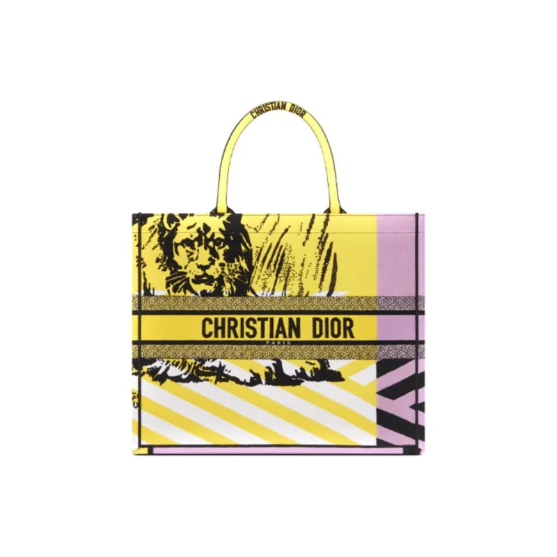 DIOR BookTote Embroidery Totes Handbag Shoulder Bag Large Size Women's Bright Yellow/Pink-0