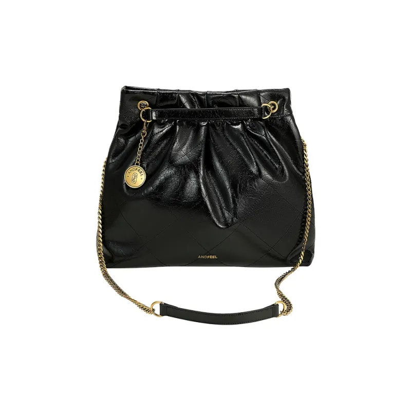 ANDFEEL Cow Leather Chain Tote Trash Bag, Shoulder Bag Tubas Women's Black-2