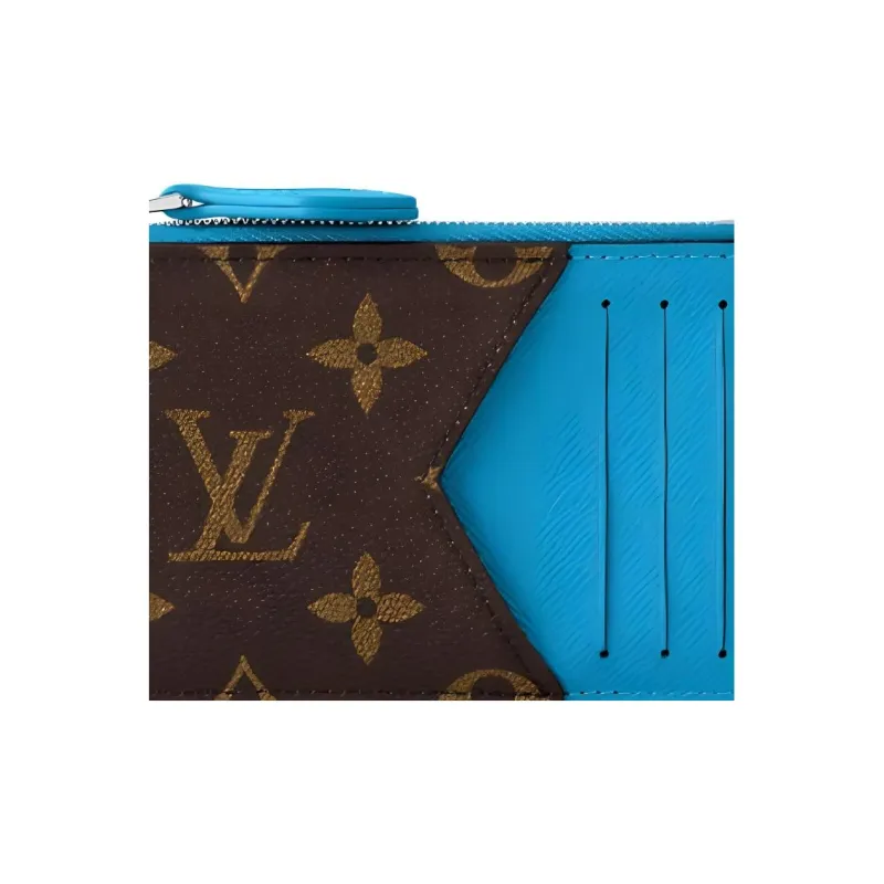 LOUIS VUITTON Romy Leather Trim Coin Purse Card Holder Men's Blue & Brown-3