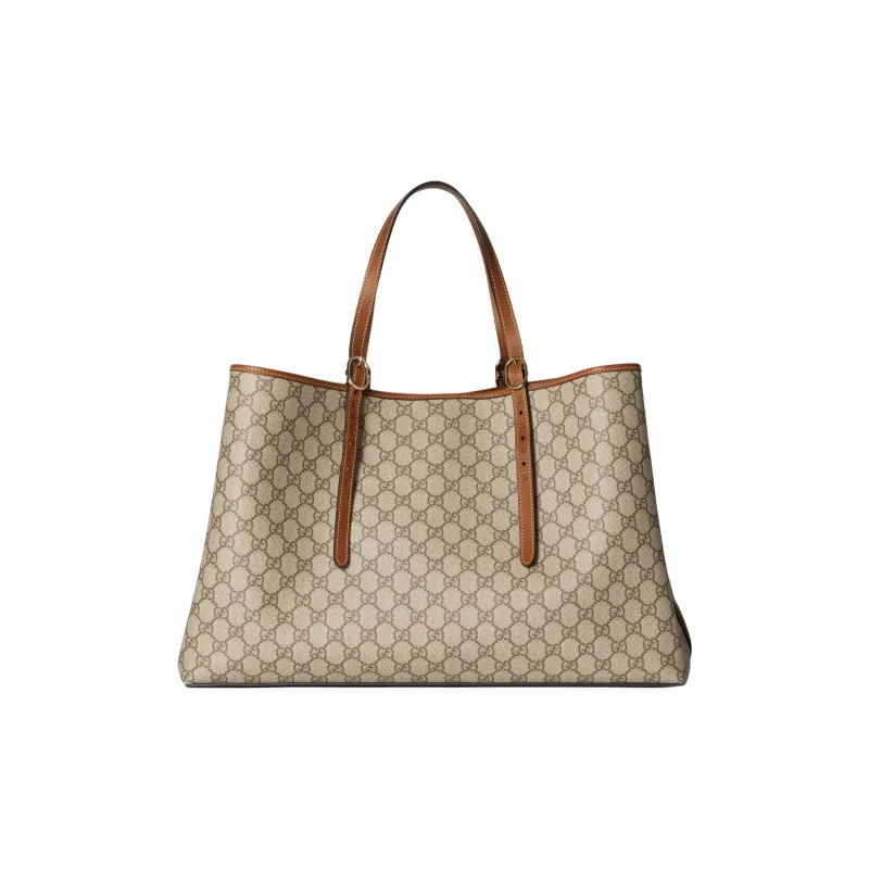 GUCCI GG Emblem Coated Fabrics Tote Bag Shopping Bag One Shoulder Shoulder Bag Large Size Women's Beige & Dark Brown-2