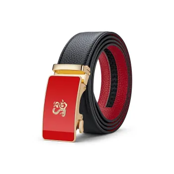 WilliamPOLO Cow Leather Leather Belts Men's Gold Tone Lock/Black Outer And Red Inner With Gunmetal Buckle Width  3.5cm