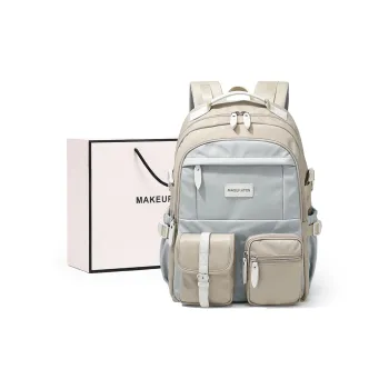 MAKEUP KITTEN Nylon Synthetic Leather Multi Pocket Student Backpack Regular Unisex Apricot