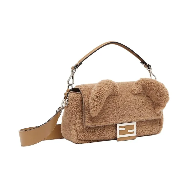 FENDI Baguette Sheep Wool Shoulder Bag Crossbody Bag Handbag Men's Beige-1