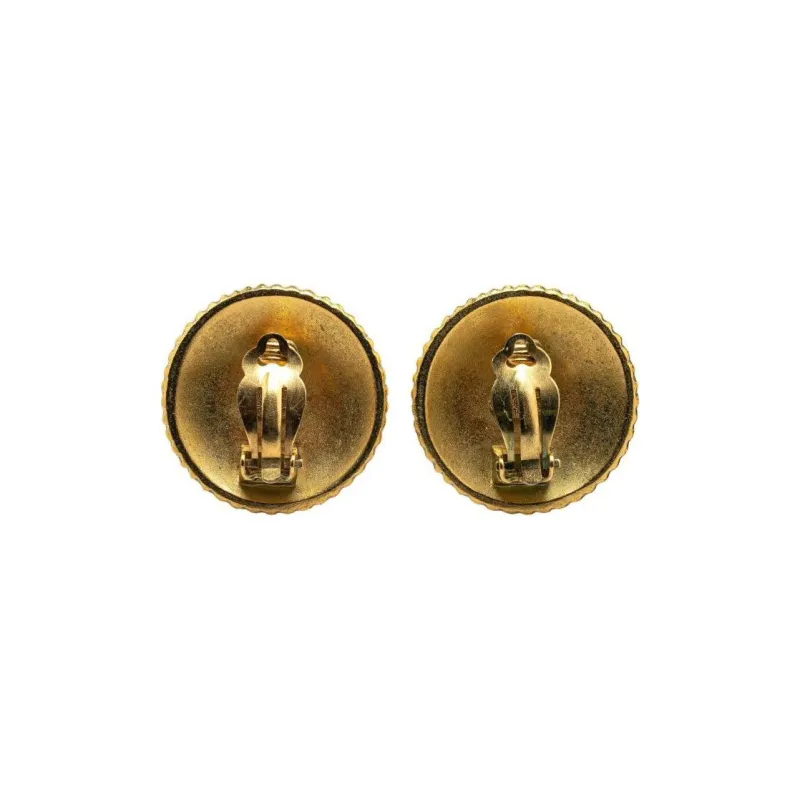 CHANEL 1994 Plated Logo Engraved Button Clip On Earrings Costume Earrings-1