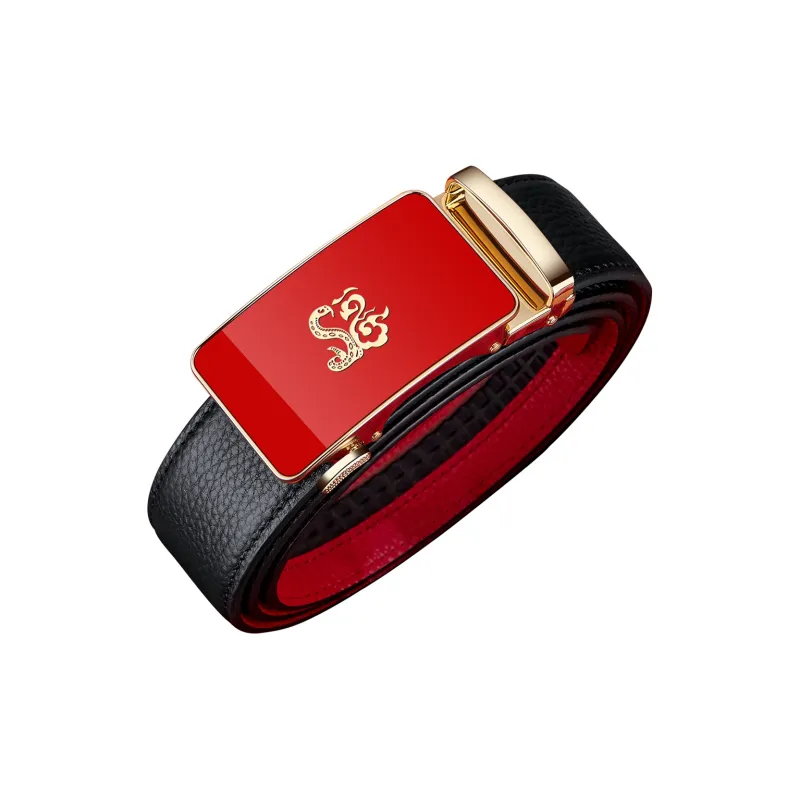 WilliamPOLO Cow Leather Leather Belts Men's Gold Tone Lock/Black Outer And Red Inner With Gunmetal Buckle Width  3.5cm-2