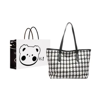NX DOUGHNUT Knit Advanced Textured Plaid Color Blocking Tote Bag Shoulder Bag Women's White/Black