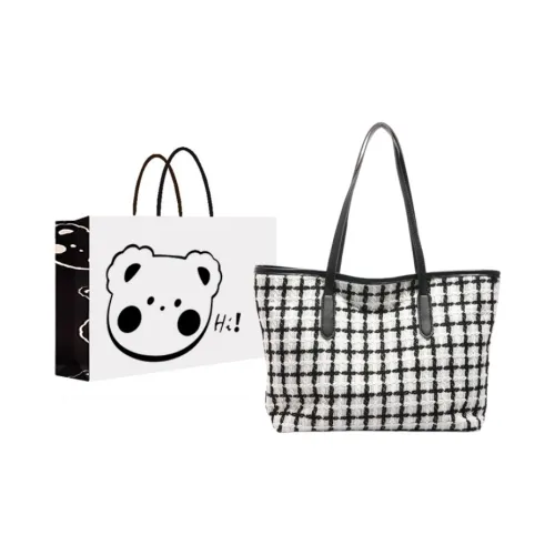 NX DOUGHNUT Knit Advanced Textured Plaid Color Blocking Tote Bag Shoulder Bag Women's White/Black