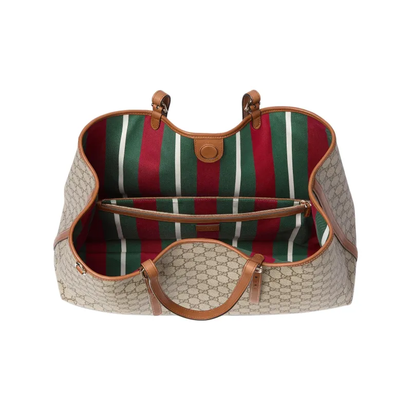 GUCCI GG Emblem Coated Fabrics Tote Bag Shopping Bag One Shoulder Shoulder Bag Large Size Women's Beige & Dark Brown-3