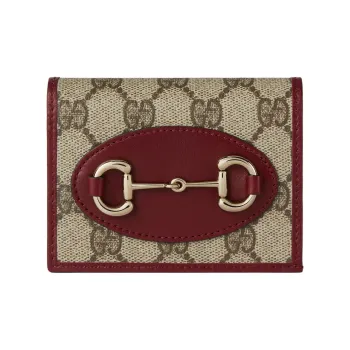 GUCCI Horsebit 1955 Coated Canvas Card Holder Women's Beige & Dark Brown
