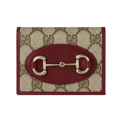 GUCCI Horsebit 1955 Coated Canvas Card Holder Women's Beige & Dark Brown
