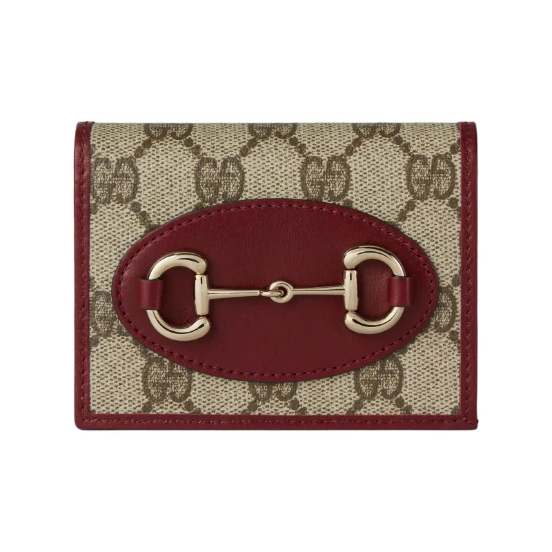 GUCCI Horsebit 1955 Coated Canvas Card Holder Women's Beige & Dark Brown-0