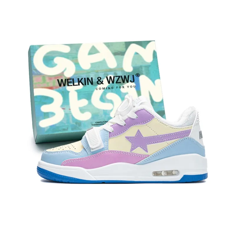 WELKIN&WZWJ Stars Collection White Sneakers Slip-Resistant Height Increasing Low-Top Skateboard Shoes Unisex-208