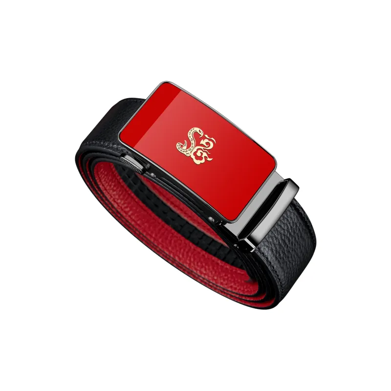 WilliamPOLO Cow Leather Leather Belts Men's Gold Tone Lock/Black Outer And Red Inner With Gunmetal Buckle Width  3.5cm-9