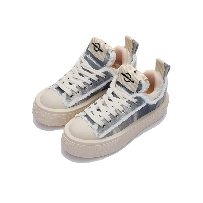 FORESHADOW Anti-Slip And Wear-Resistant Height Increasing Low-Top Canvas Shoes Unisex Beige Blue-2