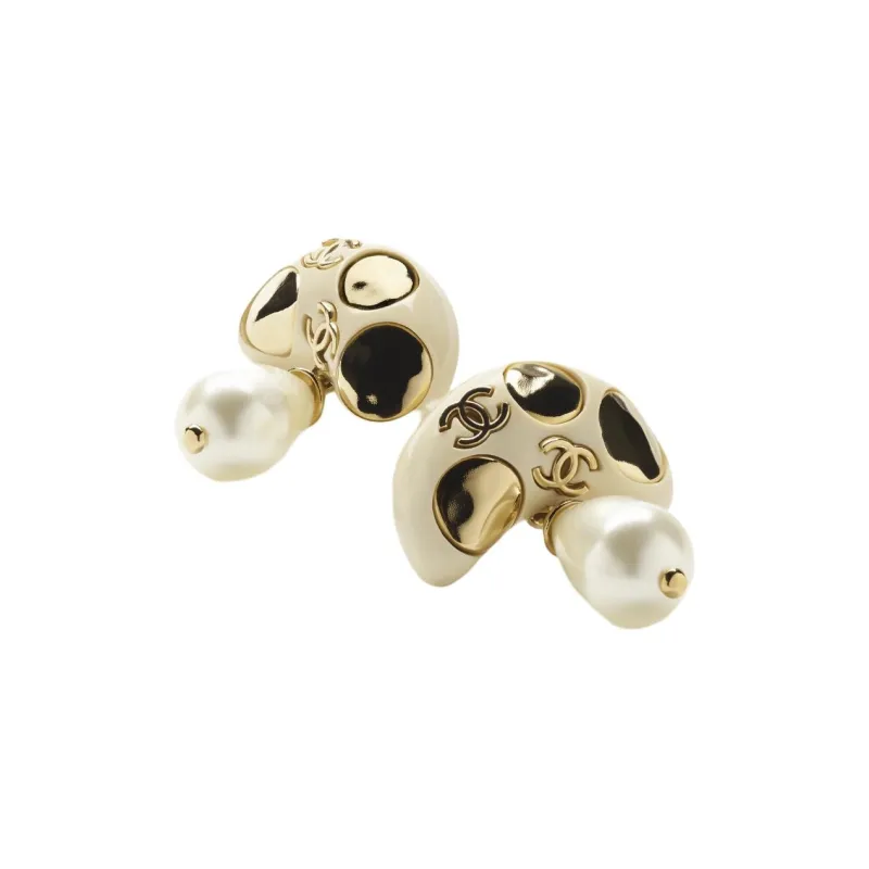 CHANEL Metal Resin Glass Pearl Earrings Women's White-0