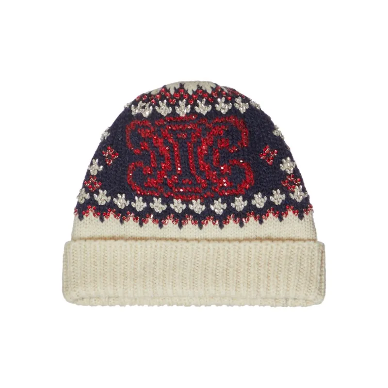 CELINE Embroidered Beanie In Fair Isle Wool-0