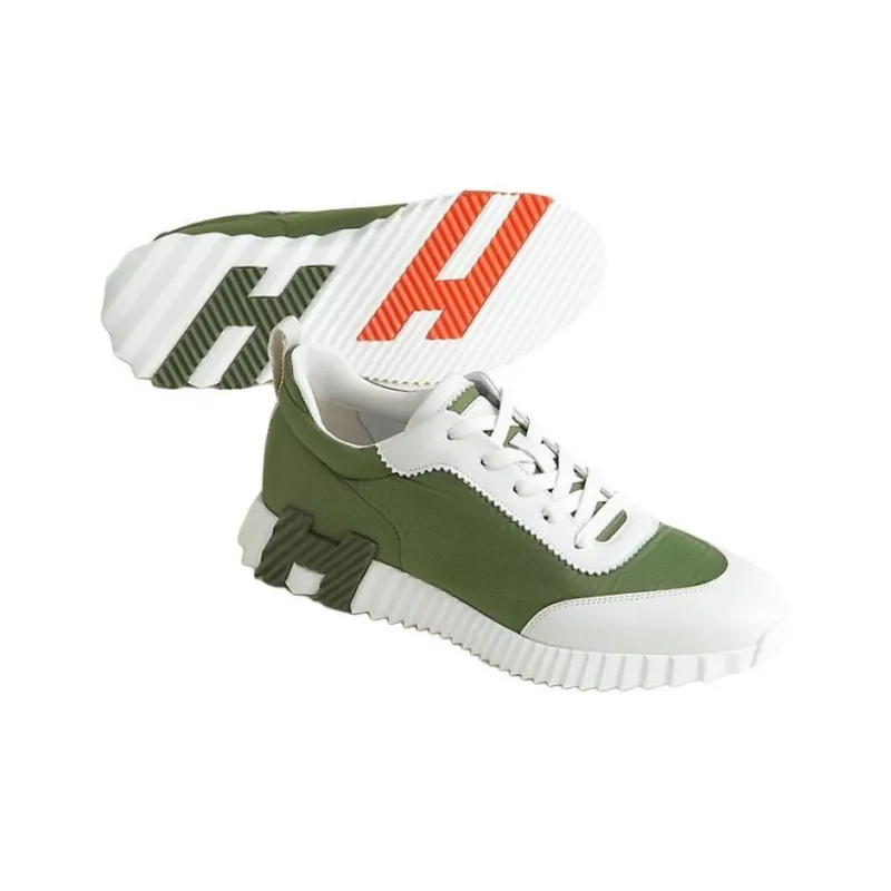 HERMES Bouncing Low Top Casual Shoes Men's White Green-2